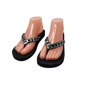 Womens Yellow Box Black and Silver Flat Thong Sandals